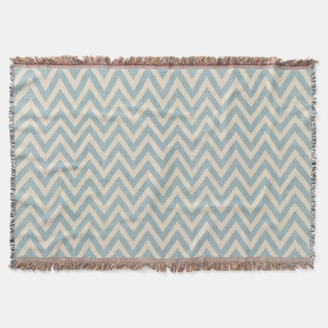 Rustic Linen Beige and Blue Chevron Throw Blanket (Front)