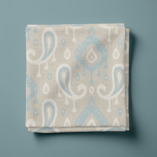 Rustic Linen Beige and Blue Ikat Paisley Fabric