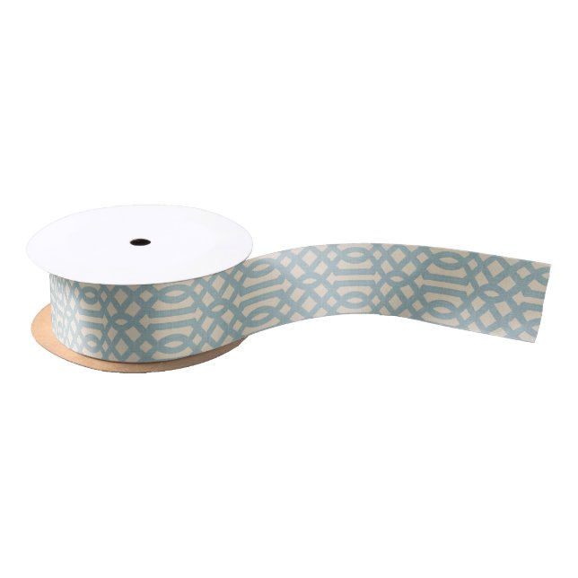 Rustic Linen Beige and Blue Trellis Satin Ribbon (Spool)