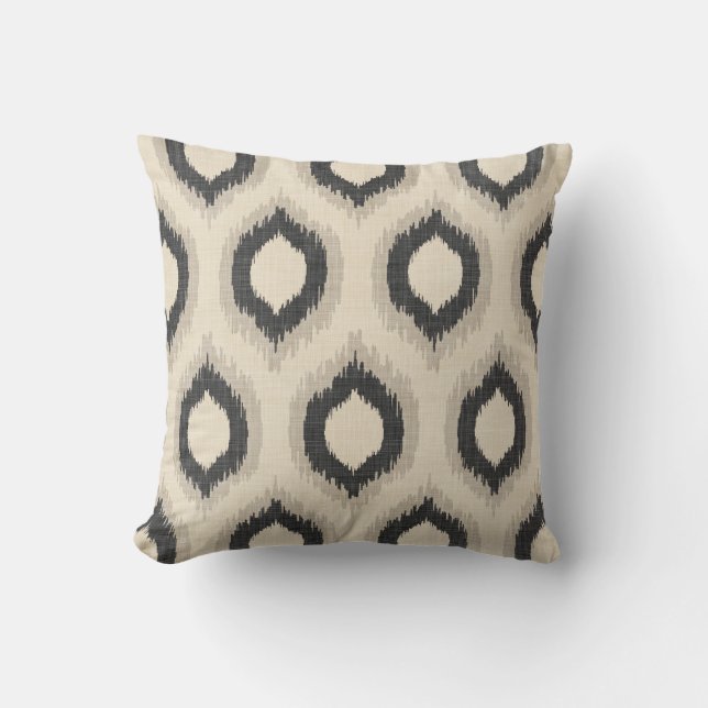 Rustic Linen Beige and Grey Ikat Print Cushion (Front)