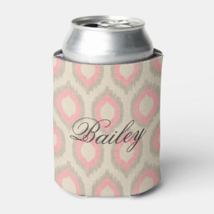 Rustic Linen Beige and Pink Ikat Monogram Can Cooler