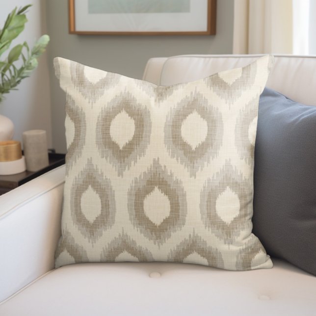 Rustic Linen Beige and Taupe Ikat Print Cushion (Creator Uploaded)