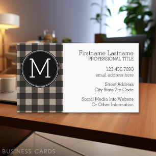 Rustic Linen Black Buffalo Plaid gingham Monogram Business Card