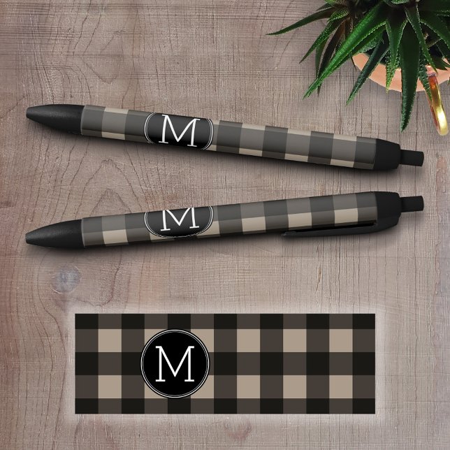 Rustic Linen Black Buffalo Plaid Pattern Monogram Ink Pen (Personalized Writing Pens)