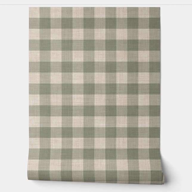 Rustic Linen Buffalo Check Beige and Green Plaid Wallpaper (Unrolling)