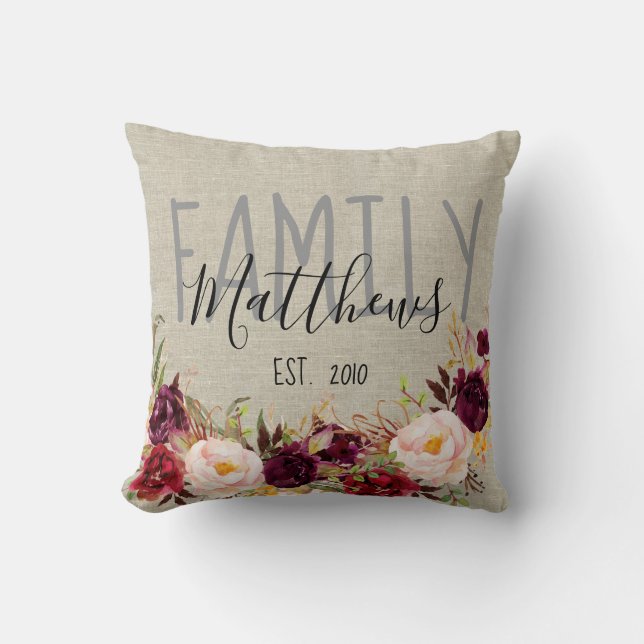 Rustic Linen Burgundy Floral Family Name Keepsake Cushion (Front)