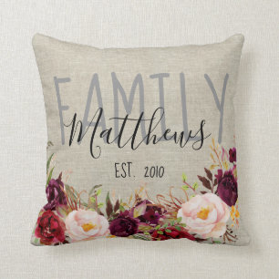 Rustic Linen Burgundy Floral Family Name Keepsake Cushion