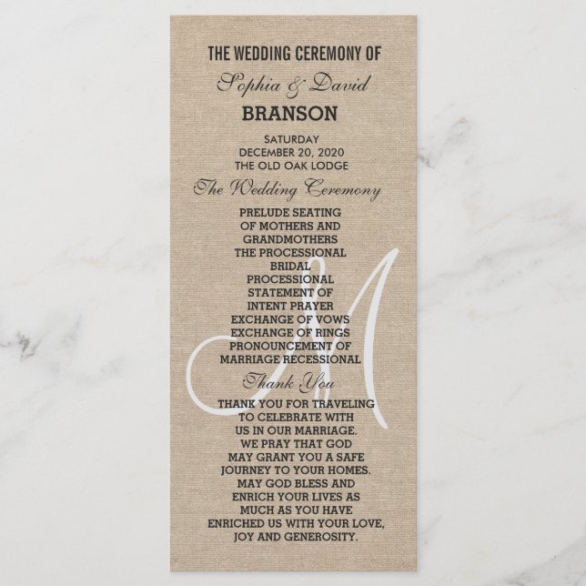 Rustic Linen Canvas Wedding Monogra Program Custom (Front)