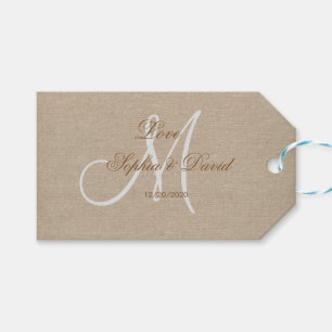 Rustic Linen Canvas Wedding Monogram Initial Gift Tags
