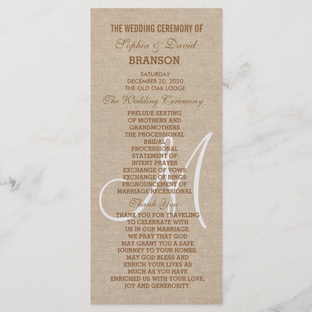Rustic Linen Canvas Wedding Monogram Program (Front)