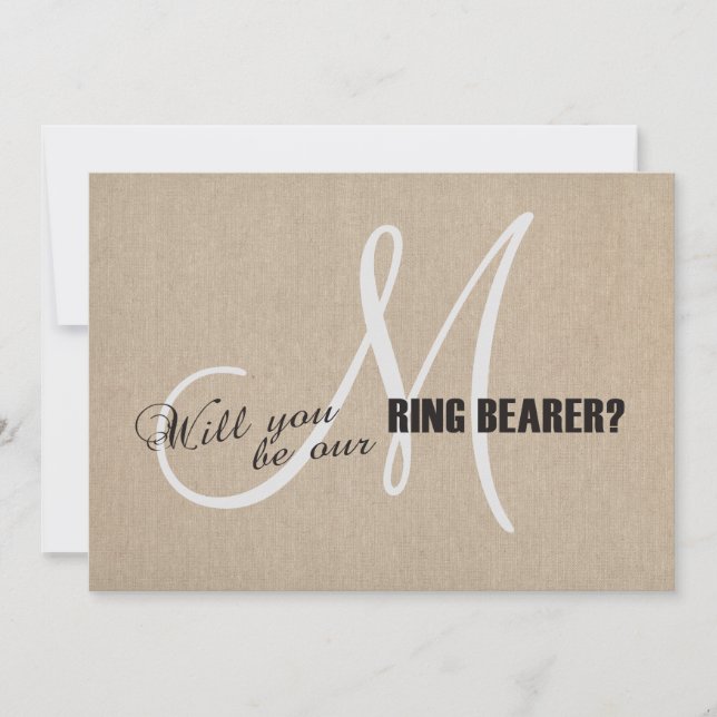 Rustic Linen Canvas Wedding Monogram Ring Bearer Invitation (Front)