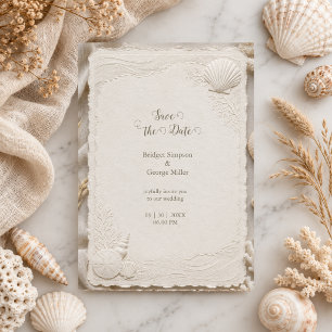 Rustic Linen Coastal Wedding Seashells Invitation