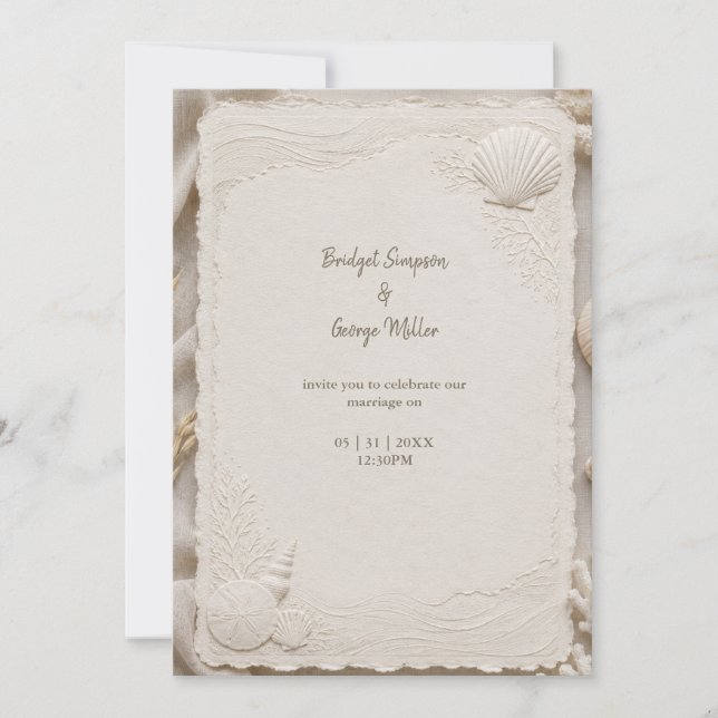 Rustic Linen Coastal Wedding Seashells Invitation (Front)