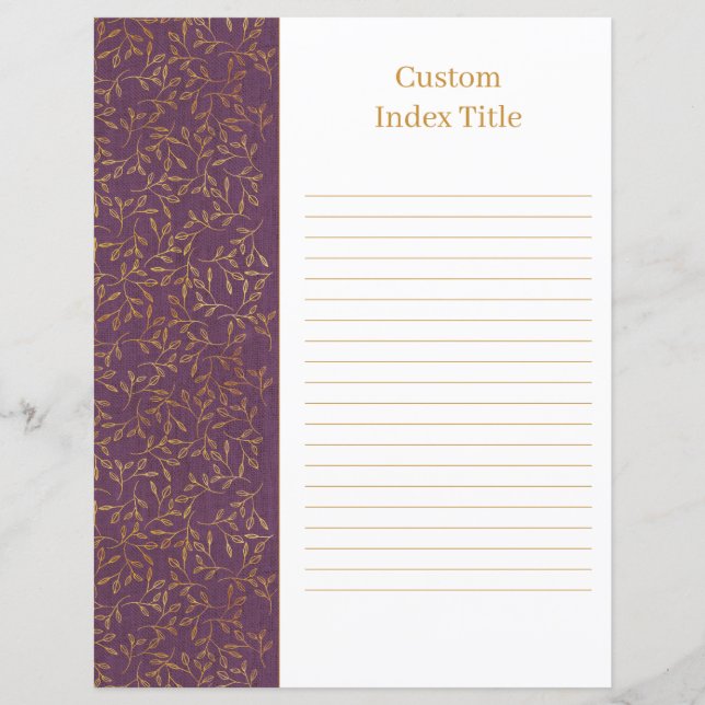Rustic Linen Divider Purple Recipe Binder Insert (Front)