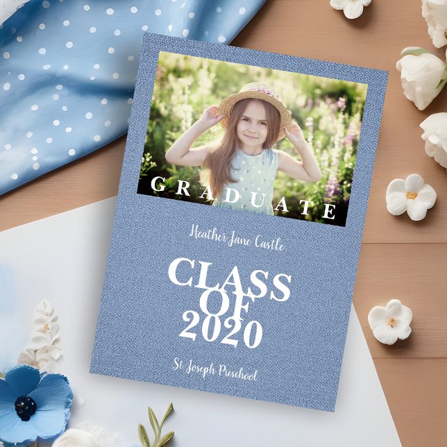 Rustic Linen Effect Elegant Blue Grad Photo (Rustic Linen Effect Elegant Blue Grad Photo Announcement Card.)