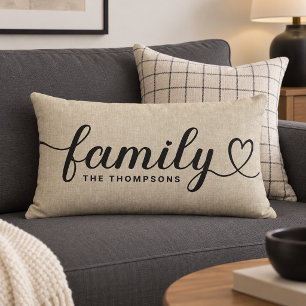 Rustic Linen Family Heart Script Monogram Lumbar Cushion