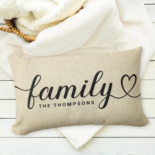 Rustic Linen Family Heart Script Monogram Lumbar Cushion (Creator Uploaded)