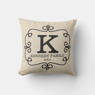 Rustic Linen Family Name Monogrammed Throw Pillow