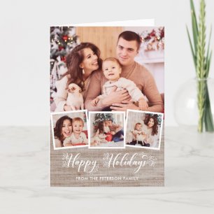 Rustic Linen & Happy Holidays Script 4-Photo Holiday Card