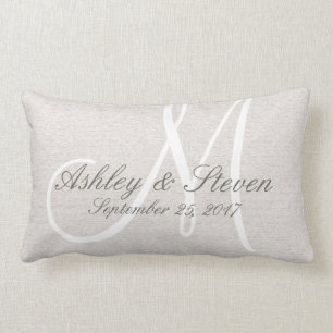 Rustic Linen Look with White Monogram Lumbar Cushion