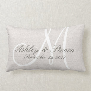 Rustic Linen Look with White Monogram Lumbar Cushion
