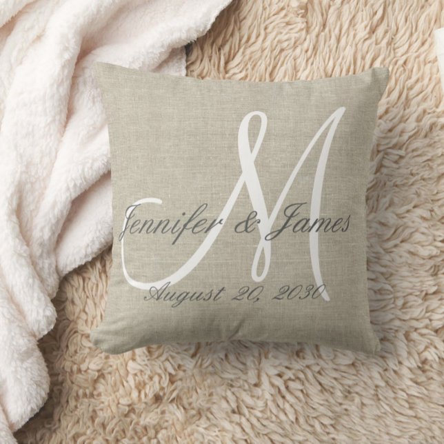 Rustic Linen Look with White Monogram Wedding Cushion (Creator Uploaded)
