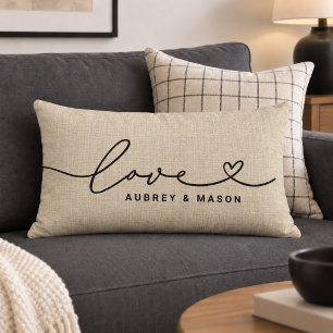 Rustic Linen Love Heart Script Couple Names Lumbar Cushion