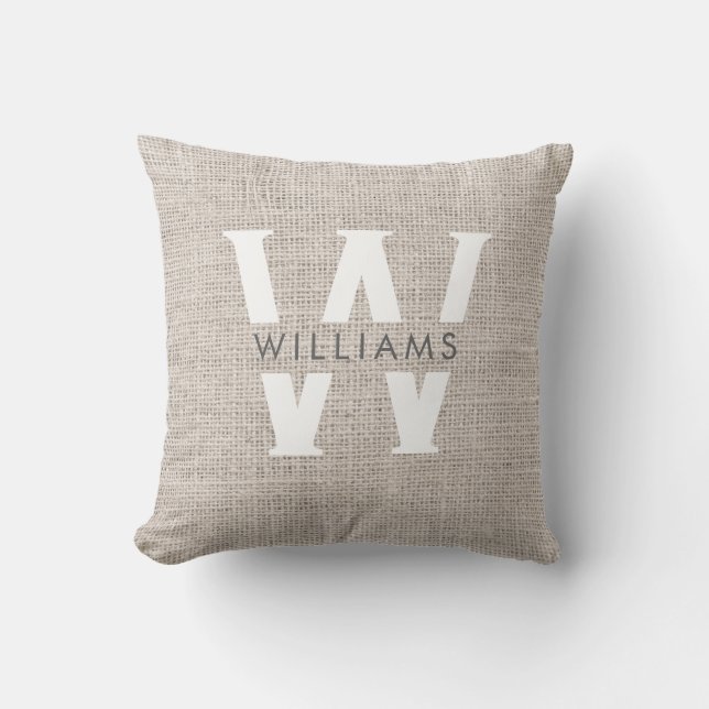Rustic Linen Modern Family Monogram Simple Trendy Cushion (Front)