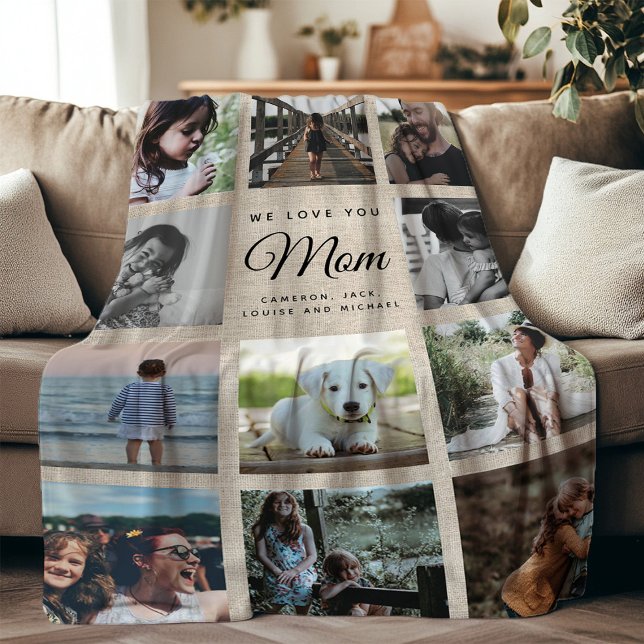 Rustic Linen Photo Collage Mother's Day Family Fleece Blanket (Creator Uploaded)