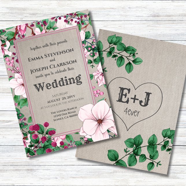 Rustic Linen Pink Floral Green Botanicals Wedding Invitation (Creator Uploaded)