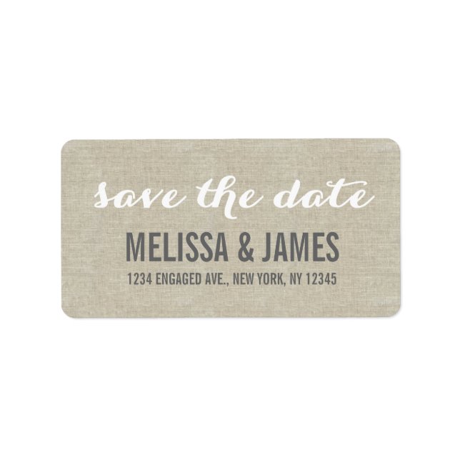 Rustic Linen Script Save the Date Label (Front)
