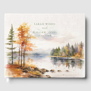 Rustic linen with fall lake Wedding Guest Book