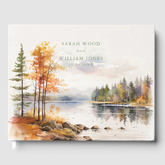 Rustic linen with fall lake Wedding Guest Book (Front)