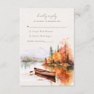Rustic linen with fall lake Wedding RSVP Card