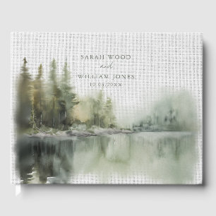 Rustic linen with green forest Wedding Guest Book