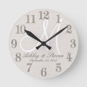 Rustic Linen with White Monogram Round Clock