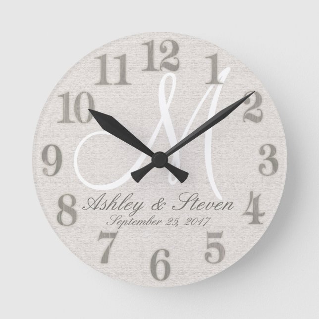 Rustic Linen with White Monogram Round Clock (Front)