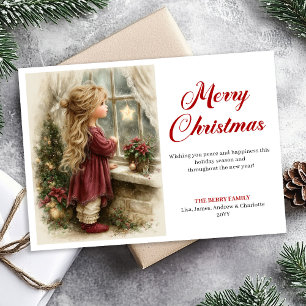 Rustic little girl awaiting Santa printable Xmas Holiday Card