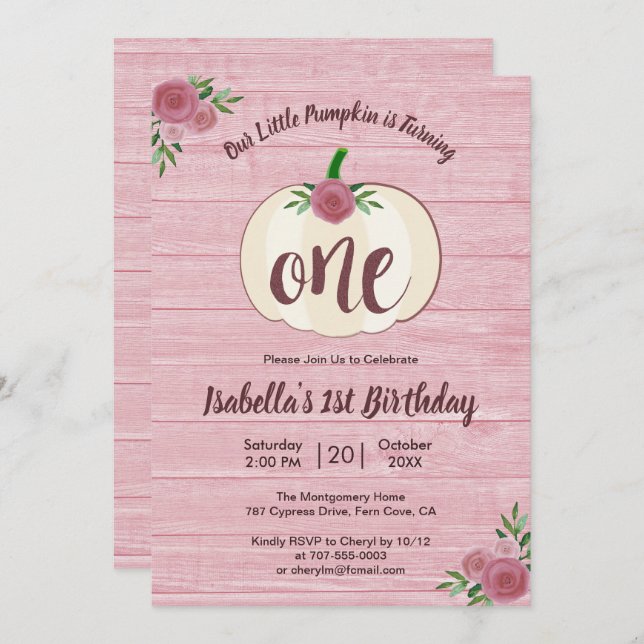 Rustic Little Pumpkin Girl Pink 1st Birthday Party Invitation (Front/Back)