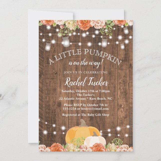 Rustic Little Pumpkin Mason Jar Lights Baby Shower Invitation (Front)