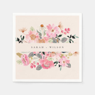Rustic Lively Blush Pink Watercolor Floral Wedding Napkin