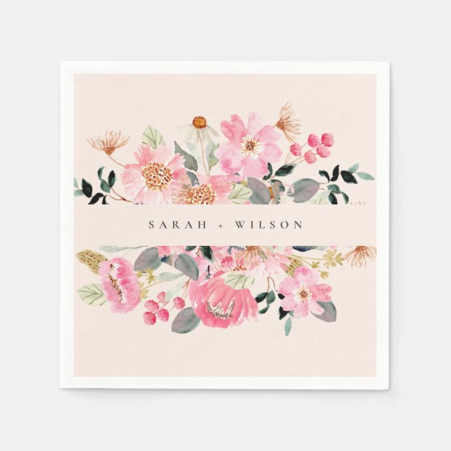 Rustic Lively Blush Pink Watercolor Floral Wedding Napkin (Front)