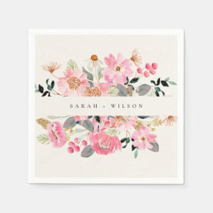 Rustic Lively Blush Pink Watercolor Floral Wedding Napkin