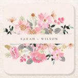 Rustic Lively Blush Pink Watercolor Floral Wedding Square Paper Coaster<br><div class="desc">For any further customisation or any other matching items,  please feel free to contact me at yellowfebstudio@gmail.com</div>