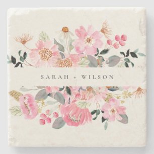 Rustic Lively Blush Pink Watercolor Floral Wedding Stone Coaster