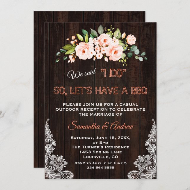 Rustic Living Coral Flowers Lace I DO BBQ Invitation (Front/Back)