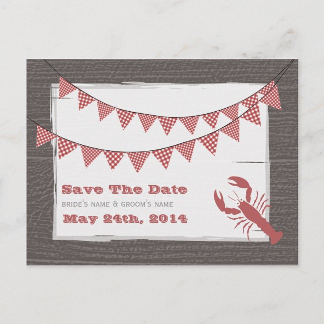 Rustic Lobster and Bunting Wedding Save The Date Announcement Postcard (Front)