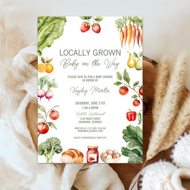 Rustic Locally Grown Farmer's Market Baby Shower Invitation (Locally Grown Farmers market baby shower invite with rustic fruits, veggies, and sweet garden charm)