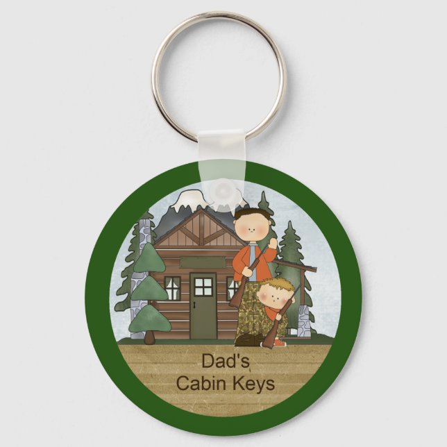 Rustic Lodge Hunting Dad and Boy at Cabin Custom Key Ring (Front)