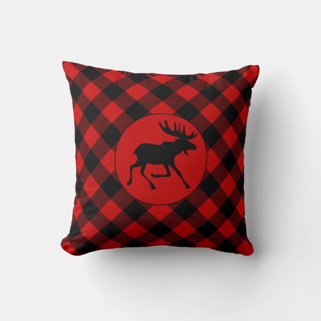 Rustic Lodge Moose and Buffalo Plaid Pattern Cushion (Front)